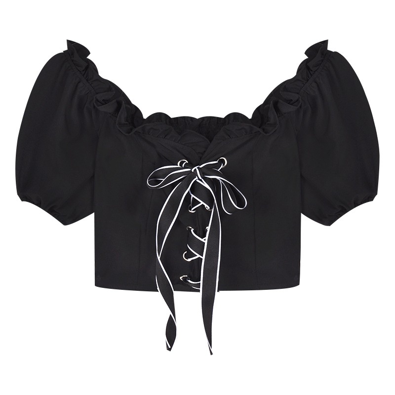 Áo Croptop Trễ Vai Tay Ngắn Phối Dây Cột Phong Cách Hàn Quốc Quyến Rũ Dành Cho Nữ