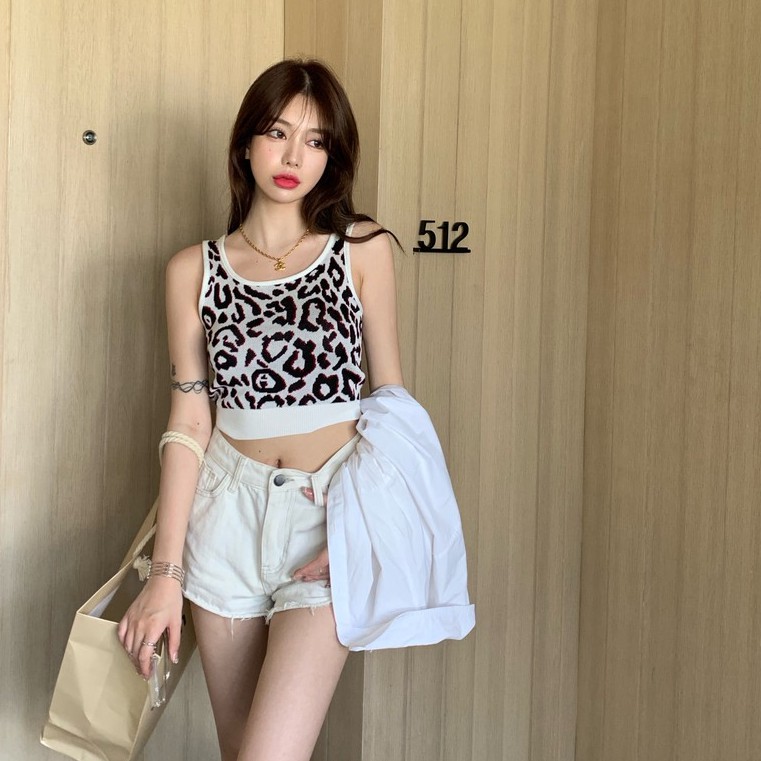 Cocory vn  Áo Croptop Dệt Kim Hai Dây Hoạ Tiết Da Báo Thiết Kế Quyến Rũ