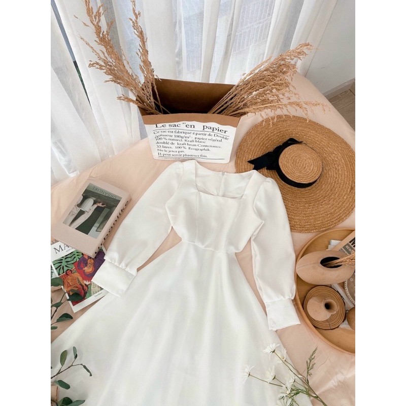 Váy đầm trắng dự tiệc maxi Vintage cổ vuông tay dài chụp kỉ yếu chất cotton Nhật mềm V0080  full size ELLY DRESS