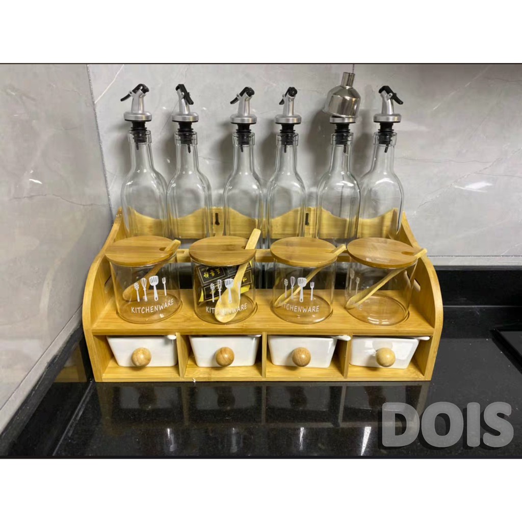 Full Bộ Kệ gỗ, Chai thủy tinh và Hũ đựng gia vị (mắm, muối, dầu ăn, mì chính....) cao cấp / DOIS | BigBuy360 - bigbuy360.vn