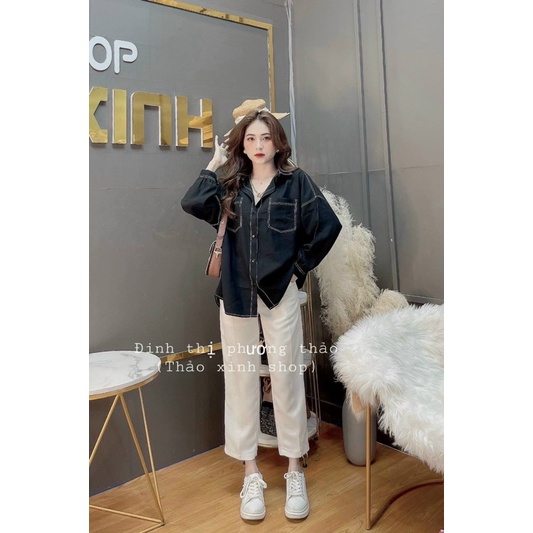 Áo sơ mi đen MJ tay dài viền trắng + Quần suông trắng mẫu chị Đinh Thị Phương Thảo ✨Lotus Shop✨ vtt