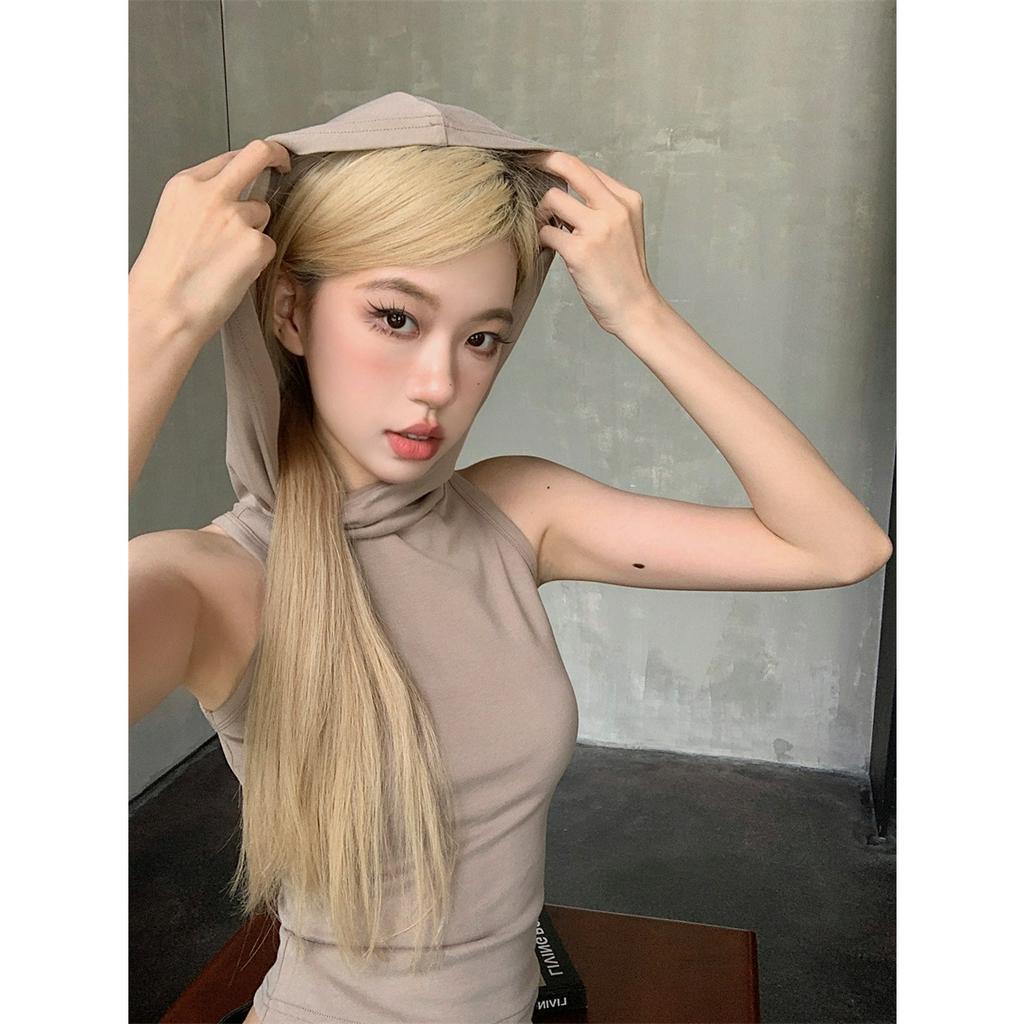 Áo Thun Không Tay Có Mũ Trùm Ôm Dáng Vừa Vặn Với 3 Màu Sắc retro Mỹ