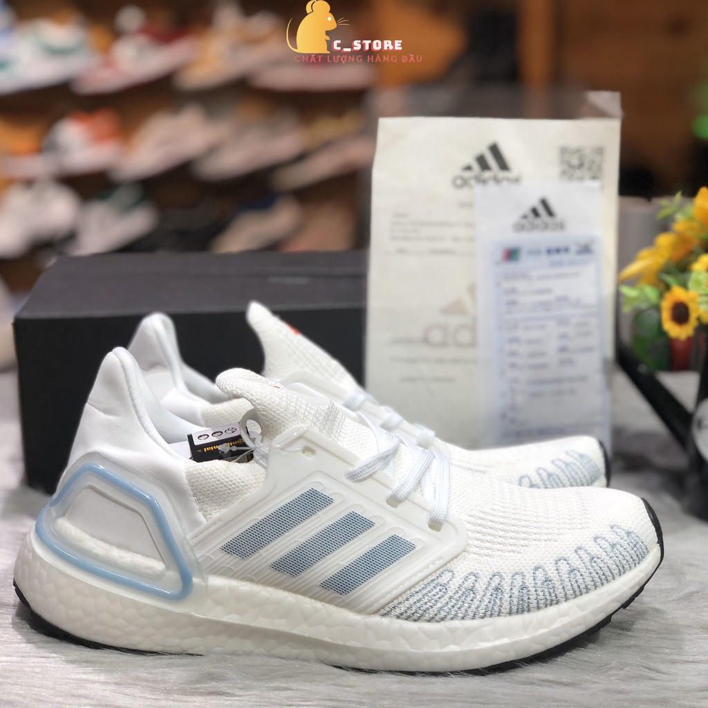 Giày thể thao nam nữ Adidas Ultra Boost trắng viền gót xanh chuẩn 1.1