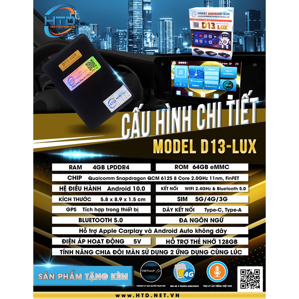 Bộ chuyển đổi Android box HTD D13 Lux cho ô tô - Bộ chuyển đổi Carplay biến màn hình zin thành màn Android