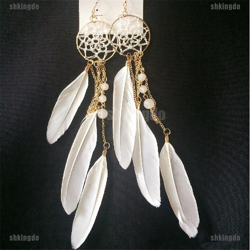 Hoa tai dáng dài phong cách Dreamcatcher phối tua rua lông vũ thời trang