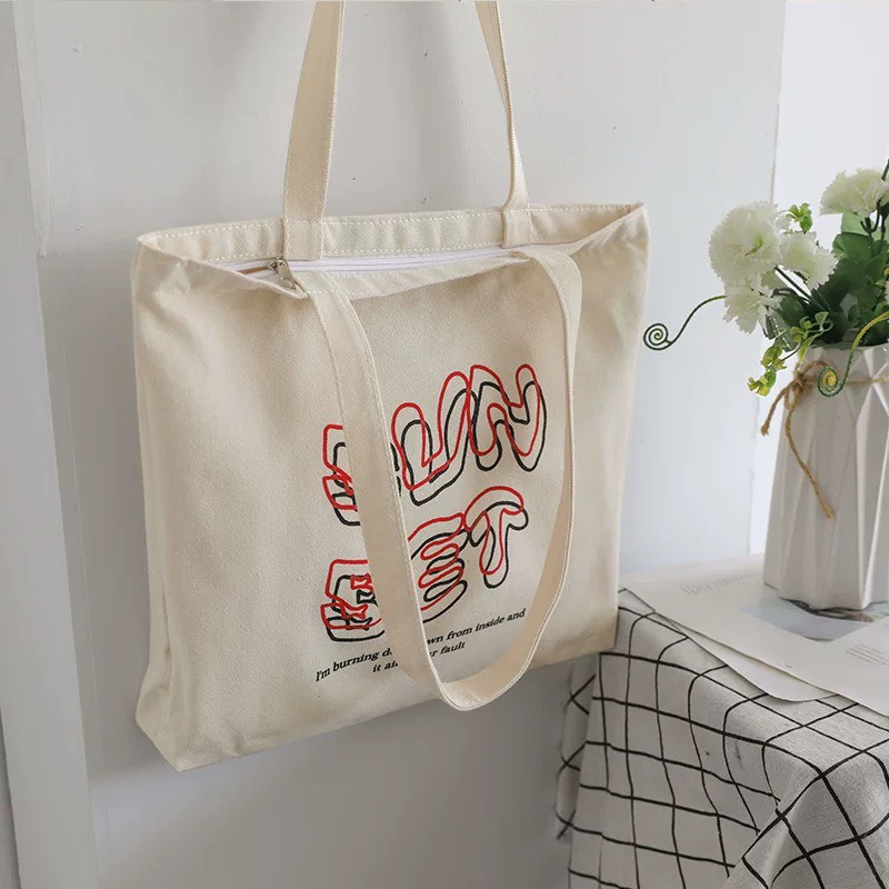 Túi tote vải canvas ulzzang unisex in chữ SUNSET có khoá miệng túi nhỏ bên trong