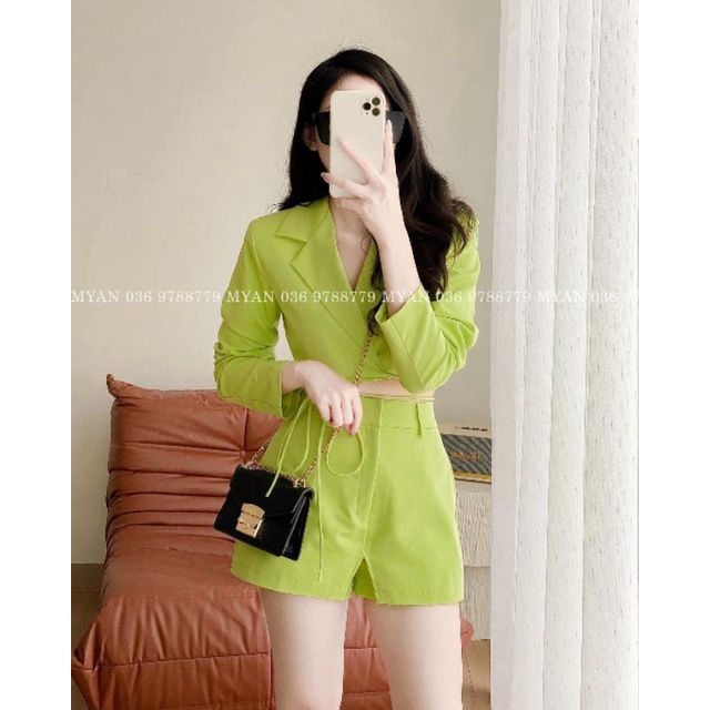 SET ÁO CROP CỔ VEST CỘT DÂY EO TAY DÀI + SHORT
