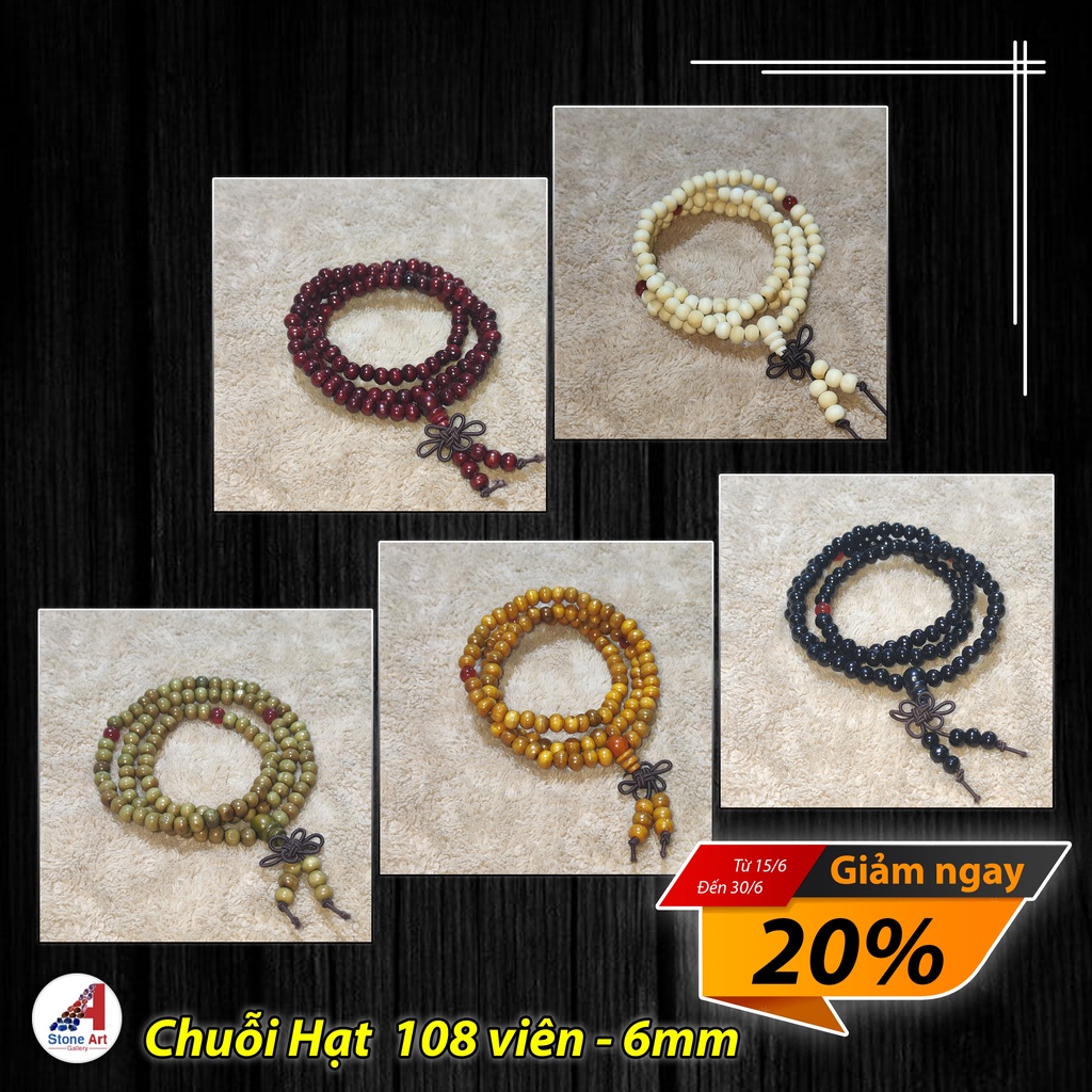Chuỗi 108 hạt, chuỗi vòng đeo tay gỗ tự nhiên, hạt 6mm nhiều màu
