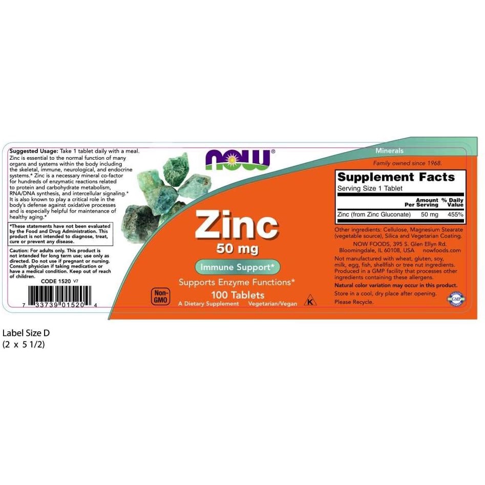 Viên Uống Tăng Cường Miễn Dịch, Đề Kháng Zinc 50 mg 250 viên Now Foods