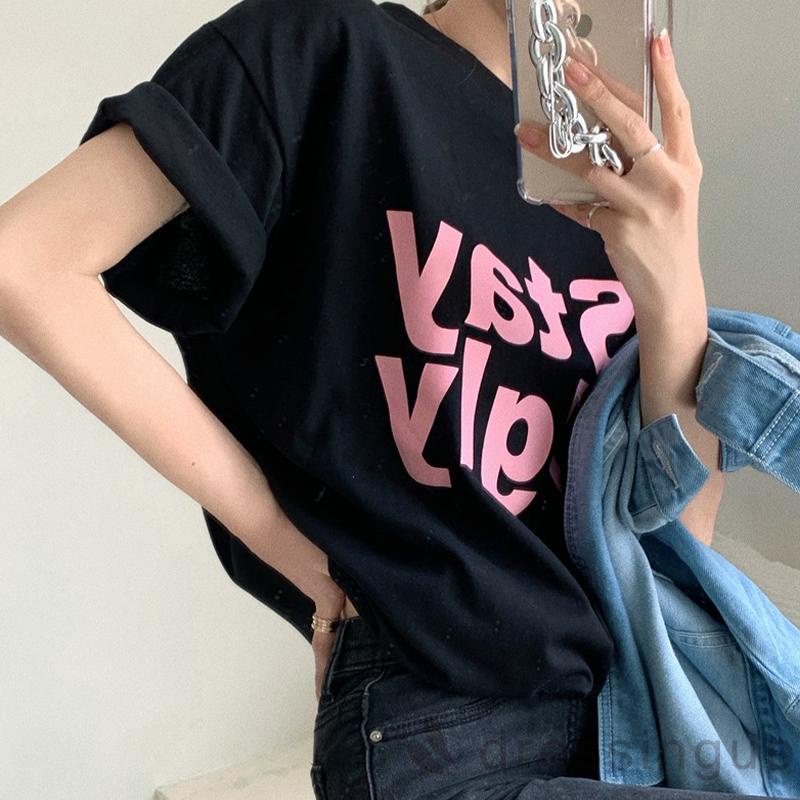 DRE-Women Summer Short Sleeve T-shirts,Letter Print Loose Casual Tops