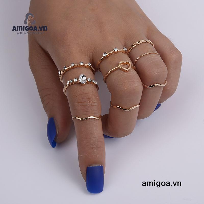 ✨✨Set 9 Nhẫn Đeo Ngón Tay Nhiều Màu Hình Trái Tim Phong Cách Hàn Quốc Cho Nữ