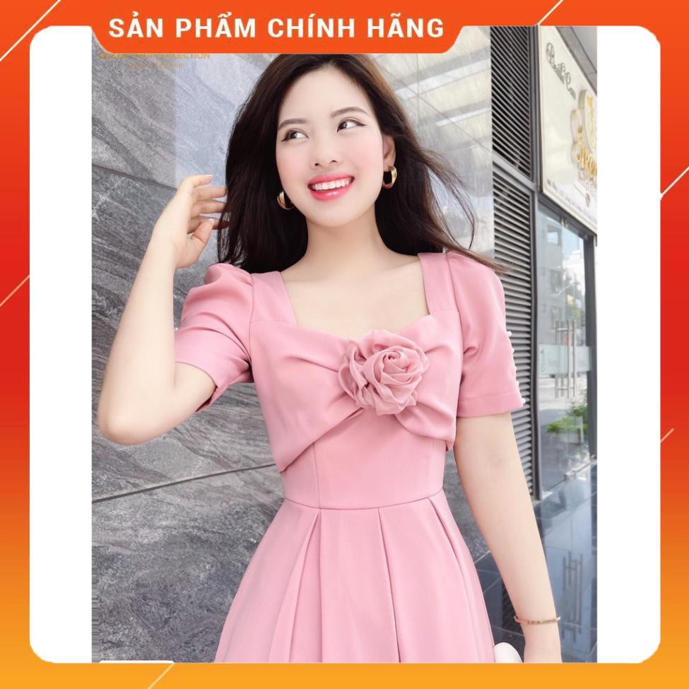 Váy Mango Hồng Dáng Xòe, Cổ U, Hoa Ngực, Cộc Tay - Váy Công Sở, Dự Tiệc, Hàng Ngày - CM - 1980
