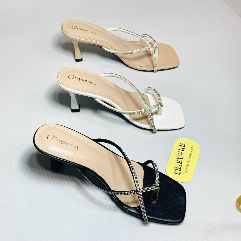 Giày sandal cao gót xỏ ngón quai mảnh đính đá 7p hot 2022 MÃ H20