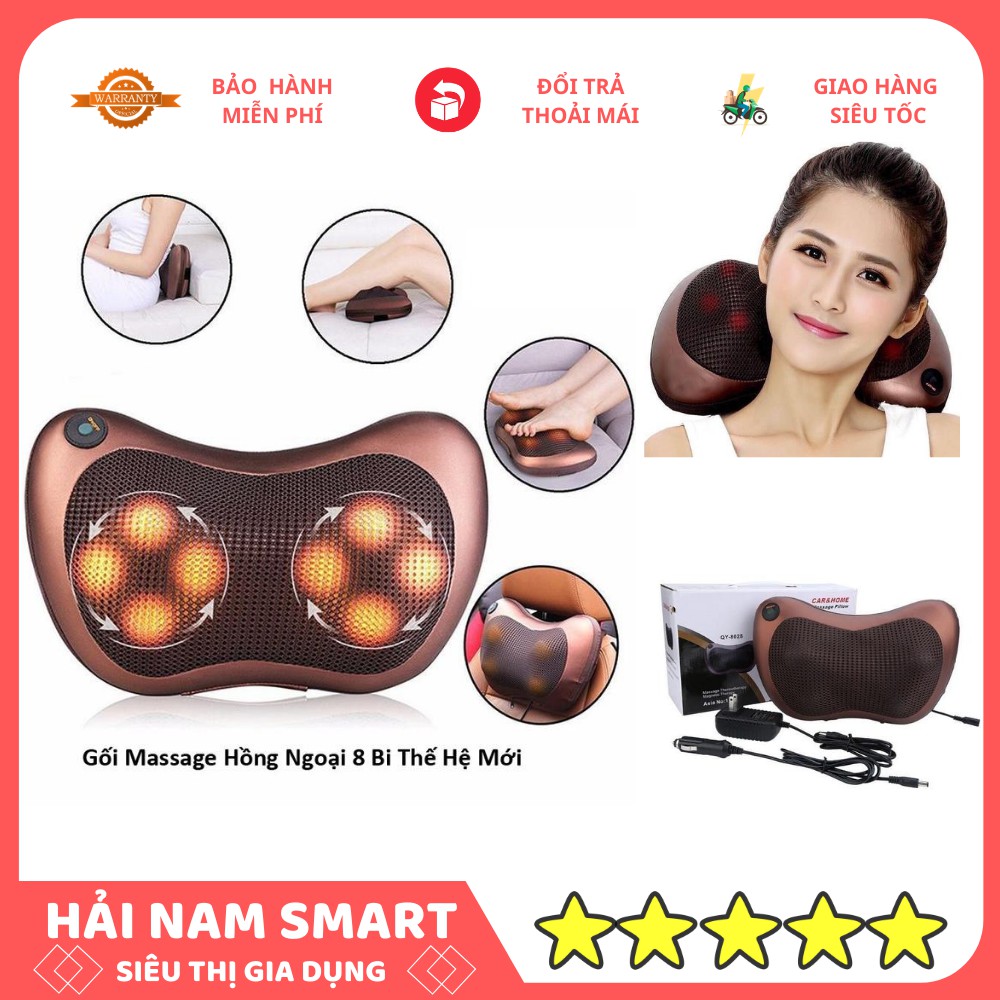 Gối Massage Hồng Ngoại 8 Bi Vỏ Nâu, Máy Massage Hồng Ngoại Đảo Chiều - BH 6 THÁNG