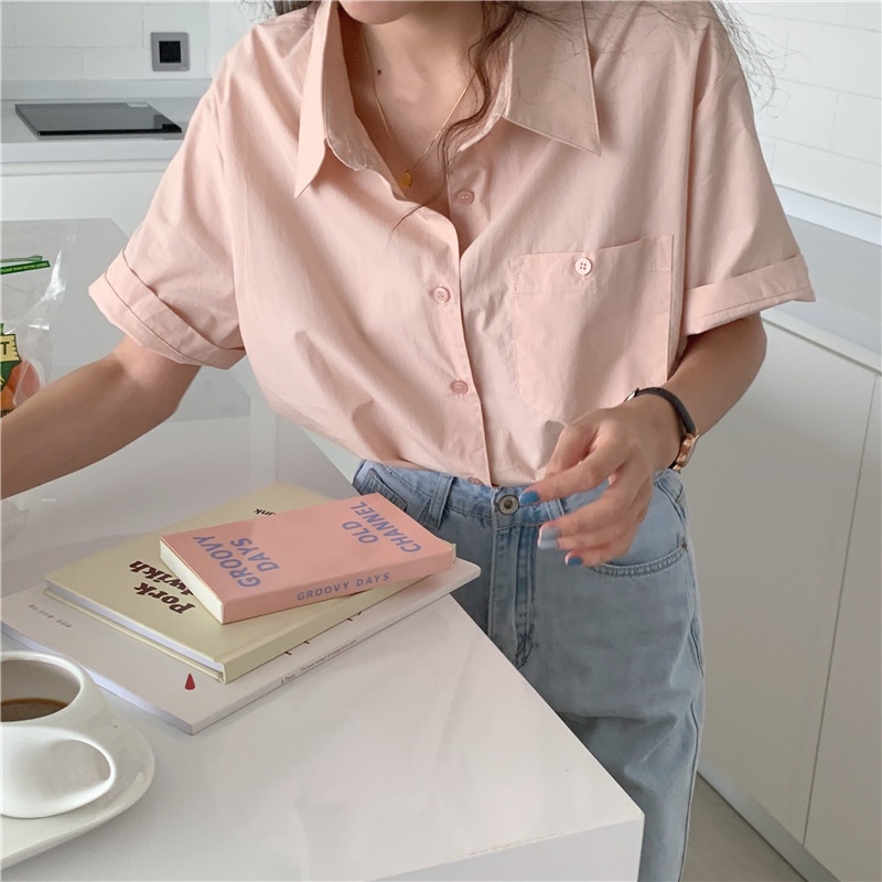 Áo sơ mi cổ nhọn ngắn tay phong cách Hàn Quốc hàng mới 44716