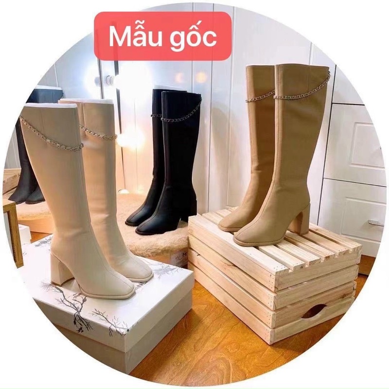 giày boots nữ bốt cổ cao gót vuông 9cm quai dây xích gối da mềm cao cấp (fullbox loại 1)