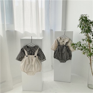 Set yếm kèm sơ mi cho bé hoạ tiết trắng caro