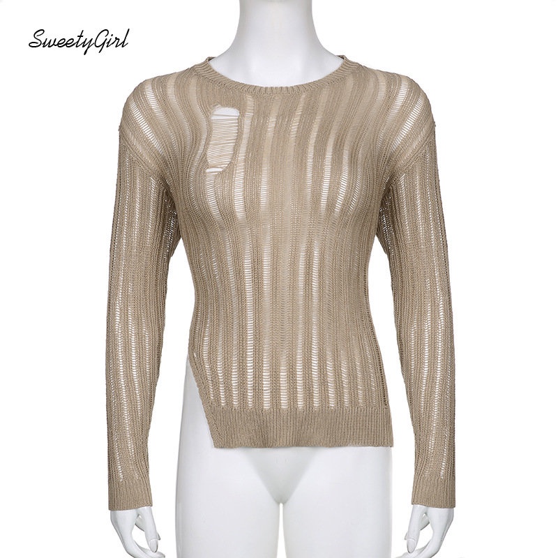MsMona SweetyGirl Women's 2022 Fashion Solid Color Brown Round Neck Long Sleeve Knit Hollow Out Asymmetric Slim Fit Sexy All Match Casual Sweaters