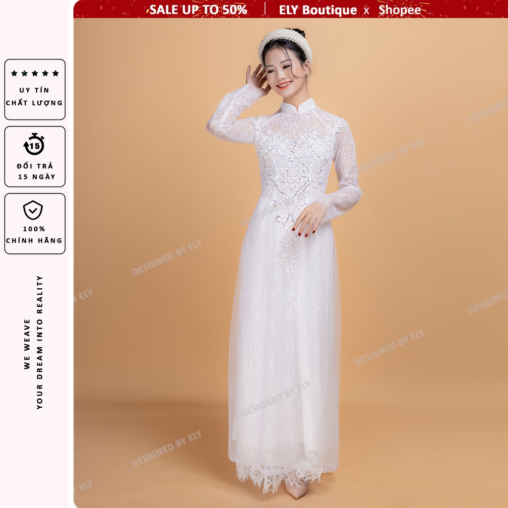 Áo dài cưới truyền thống ELY Boutique, áo dài trắng đính kết ren đẹp, 3 lớp 6 tà