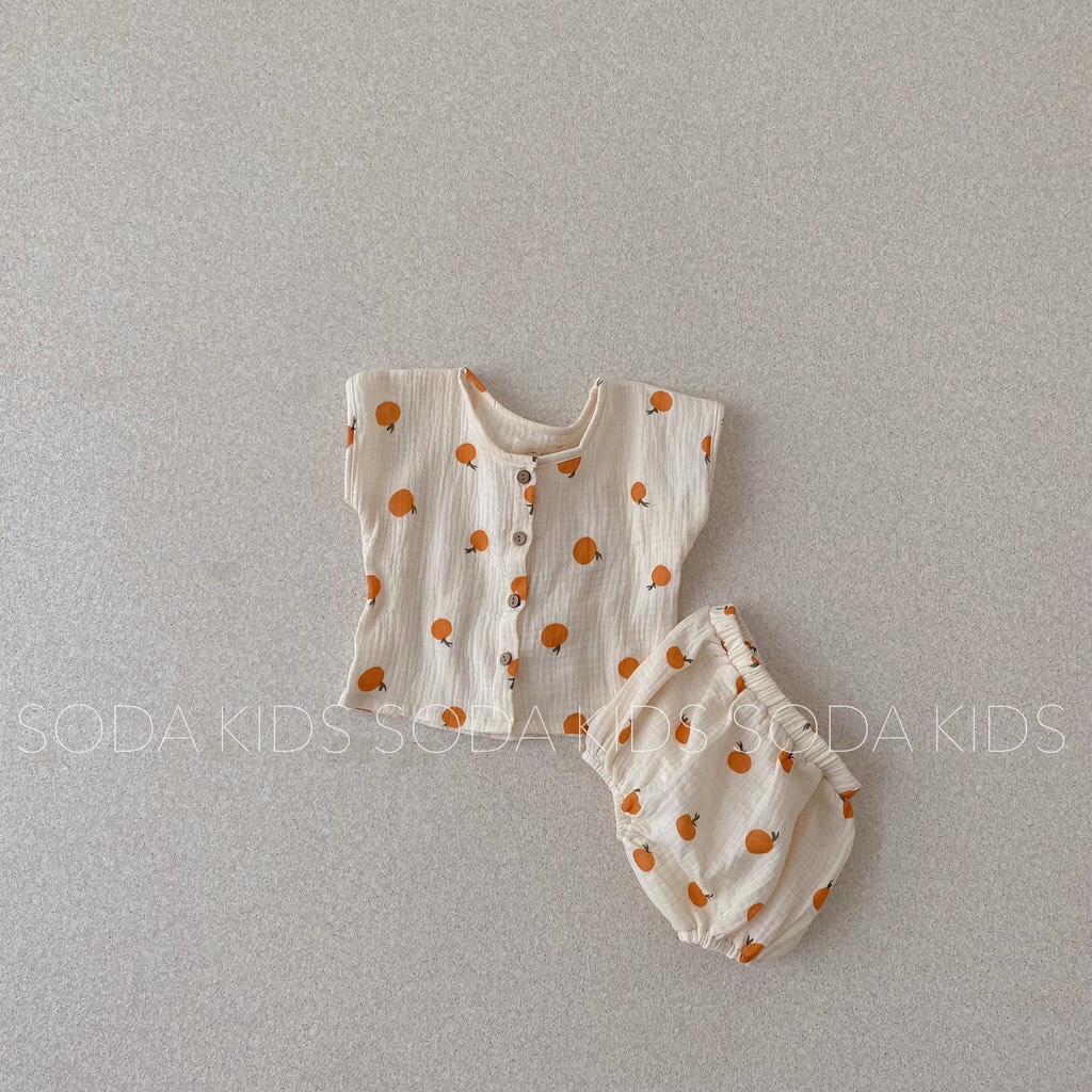 Bộ quần áo cộc tay chất xô muslin cho bé từ 3-10kg mẫu quả cam Tiệm Nhà Bơ