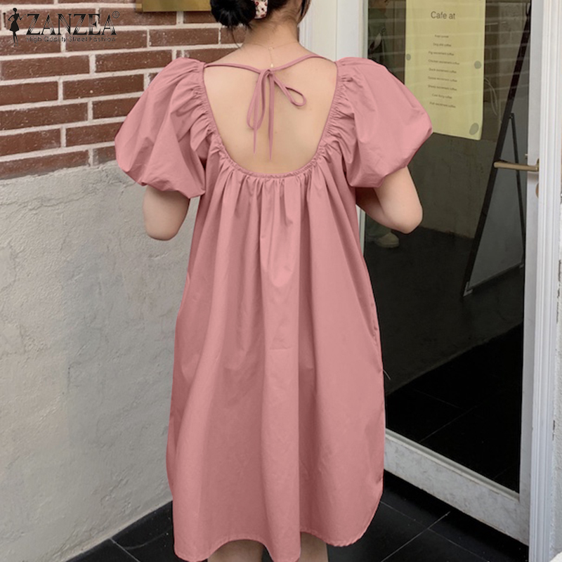 Đầm ZANZEA Tay Ngắn Phồng Cổ Vuông Với Phần Cổ Tay Co Giãn Mini Dành Cho Nữ