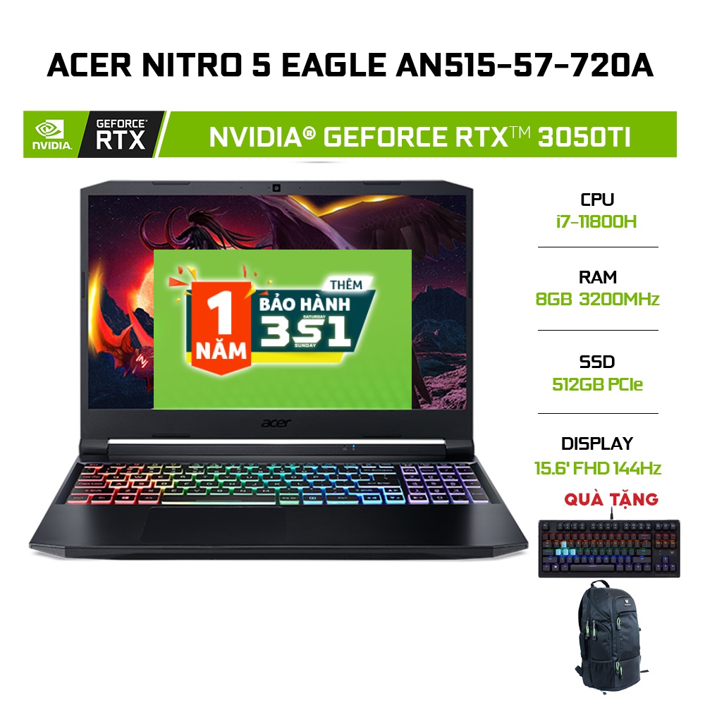 Laptop Acer Nitro 5 Eagle AN515-57-720A i7-11800H 8GB 512GB 15.6' 144Hz RTX™ 3050Ti