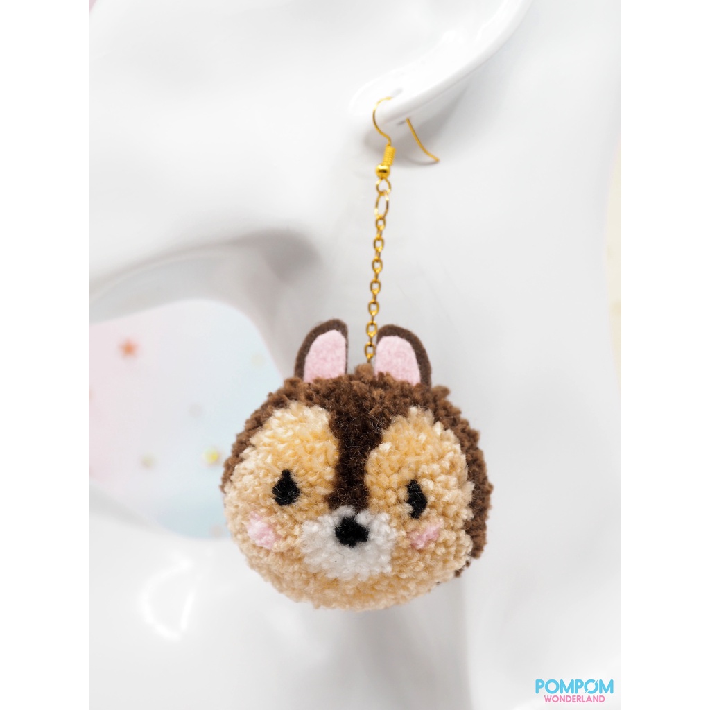 Bông Tai Handmade Sóc Chuột Chip & Dale - Tsum Tsum - Móc Khóa Pompom
