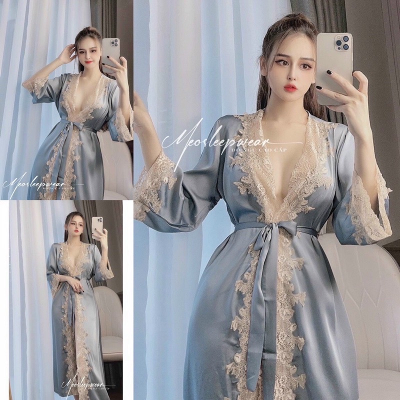 Sét 3 món bộ ngủ kèm choàng lụa sexy cao cấp bộ hai dây quần cộc  mặc  nhà siêu quyến rũ