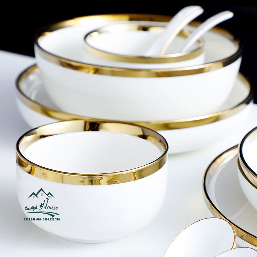 [LẺ] Set Bát Đĩa Đẹp - Đồ Dùng Phòng Ăn Sứ Trắng Viền Vàng Chất Lượng Cao - Lẻ Chi Tiết