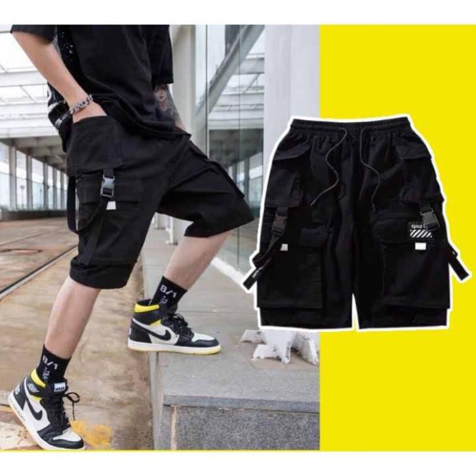 ⚡️VẢI ĐẸP - ẢNH THẬT⚡️Quần short Túi Hộp Pant phản quang phối dây Unisex, QUẦN ĐÙI LỮNG NAM NỮ CHẤT KAKI ĐEN xịn