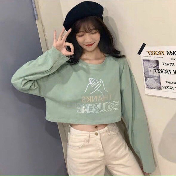  Áo Croptop tay dài nữ form rộng Unisex T H ANKS