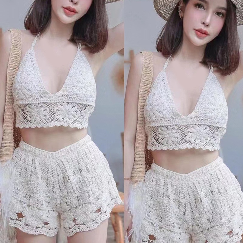 Youyo Áo Ngực Crop Top Dệt Kim Viền Hình Hoa Hướng Dương Khoét Rỗng Gợi Cảm Cho Nữ Spa