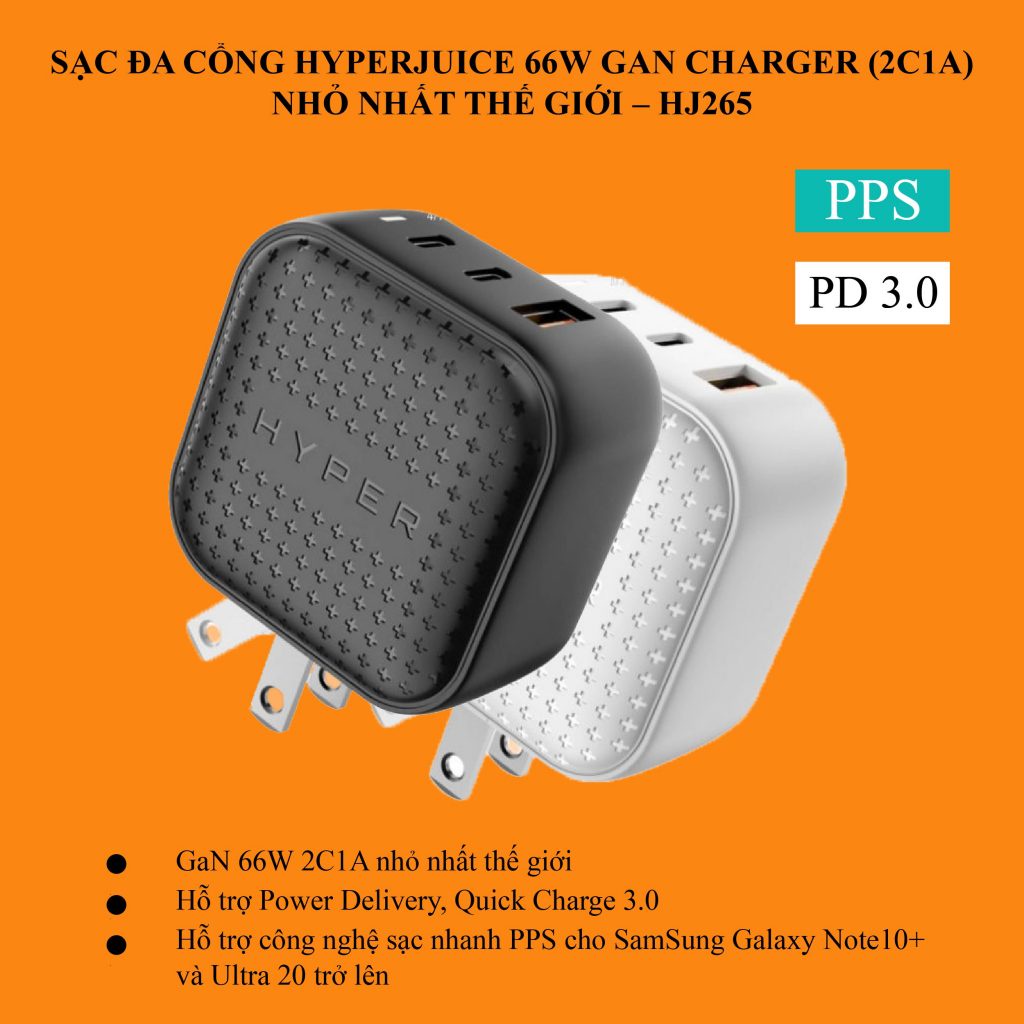 [Mã INCU300 giảm 10% đơn 499K] Sạc Đa Cổng HyperJuice 66w GAN PD/QC3.0 Và PPS (2C1A) – HJ265