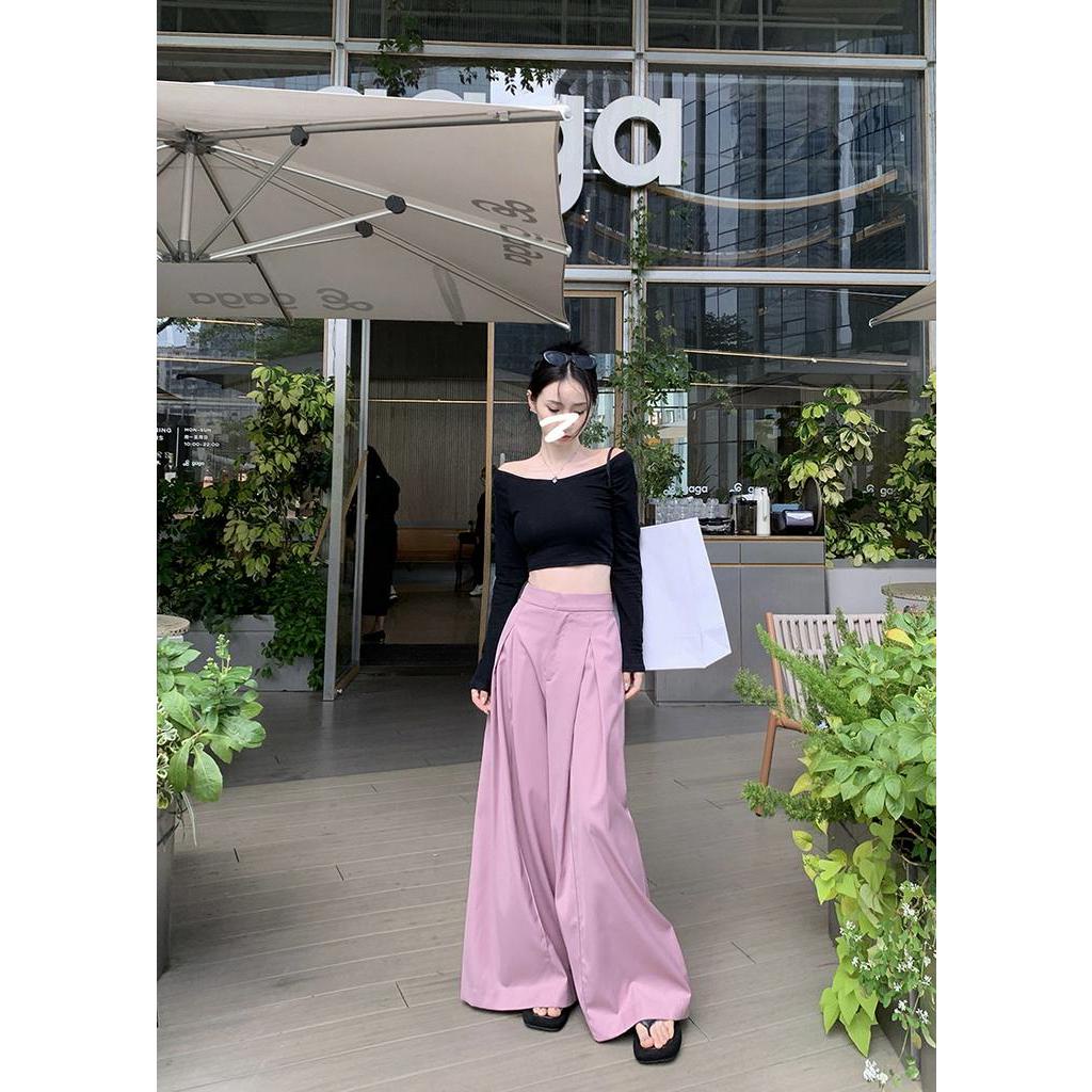 Bộ Áo Thun Cổ Phẳng + Quần Ống Rộng Lưng Cao Thời Trang 61963