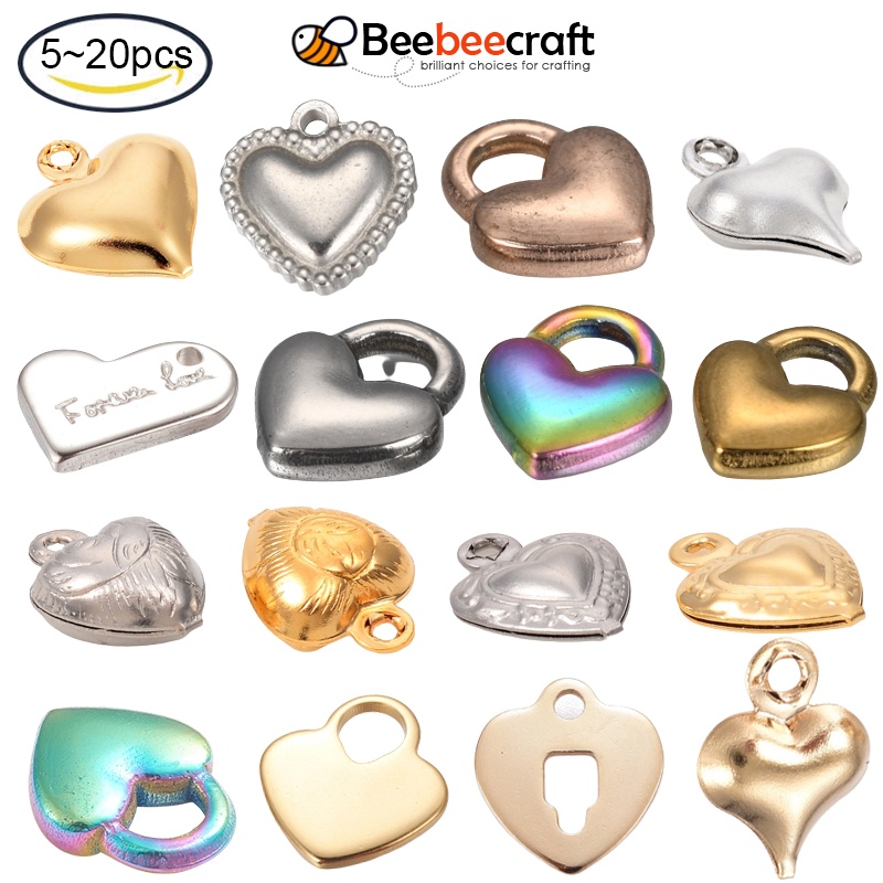 Set 5~20 Hạt Charm Hình Trái Tim Bằng Thép Không Gỉ 304 Nhiều Màu Sắc Cầu Vồng/Vàng Kim Làm Trang Sức