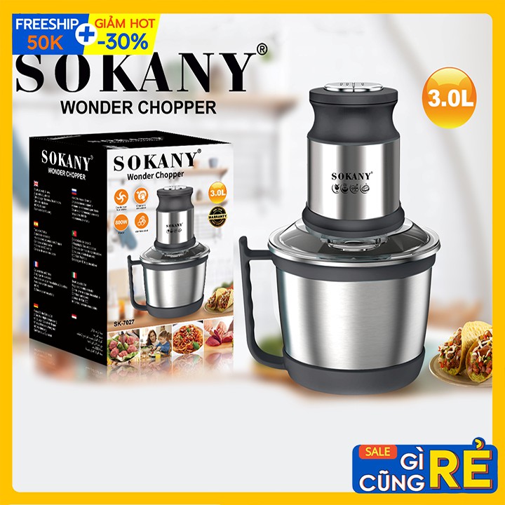 Máy Xay Thịt, Tỏi Ớt Đa Năng SOKANY 3L Chất Liệu Inox Công suất lớn 800W