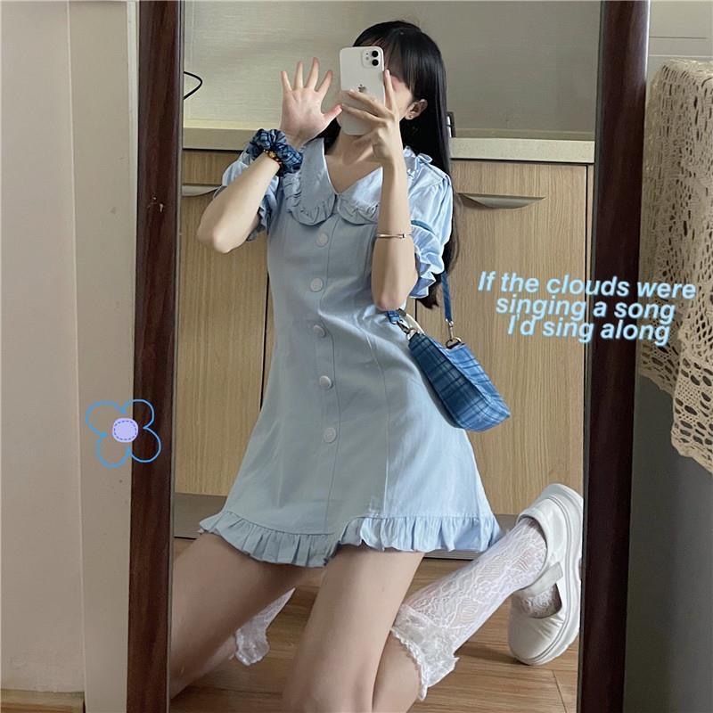 Đầm Chữ A Tay Phồng Cổ Búp Bê Màu Xanh Dương Nhạt Phong Cách Pháp Thời Trang Mùa Hè Cho Nữ