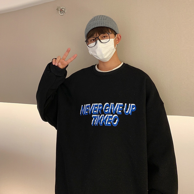 Áo Sweater cổ tròn lót nhung màu trơn in chữ thời trang cho nam Size M-5XL