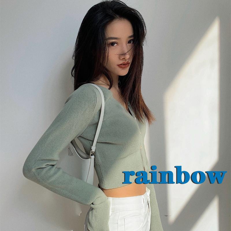 Áo Thun Lửng Tay Dài Màu Trơn Phối Hàng Nút Màu Cầu Vồng Thời Trang Cho Nữ | BigBuy360 - bigbuy360.vn