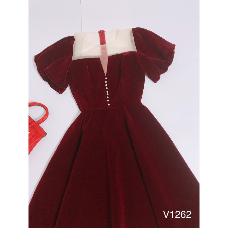 [ xả kho ] MiD Đầm nhung Hàn V1262 có miếng lưới cổ Mie Design kèm ảnh thật