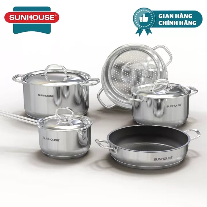 Bộ nồi chảo inox 5 đáy Sunhouse SHG995 set 5 món, nồi chảo từ đa năng dùng được cho bếp từ