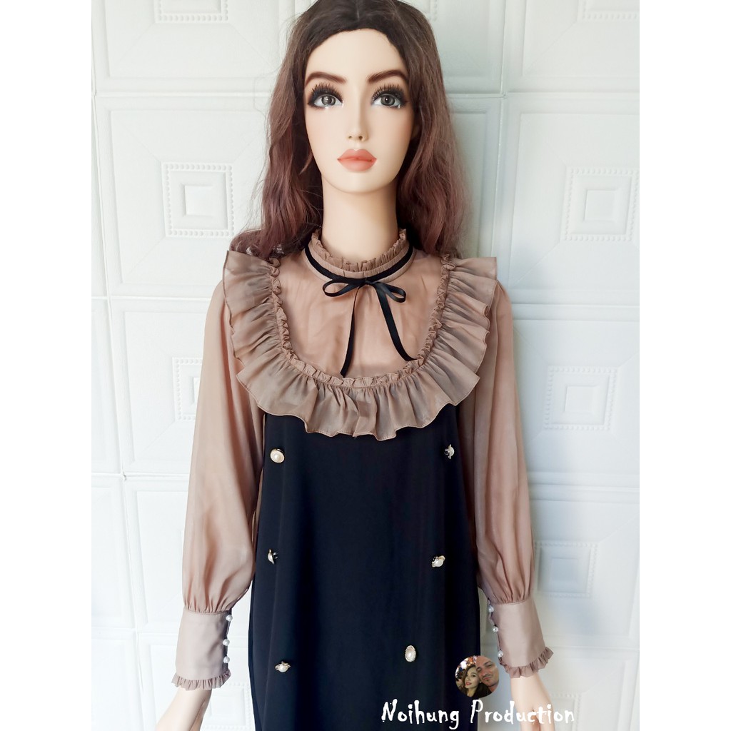 Váy đầm dáng suông chữ a babydoll công sở cao cổ phối màu bầu bí đi tiệc đẹp xinh chất sịn size m l