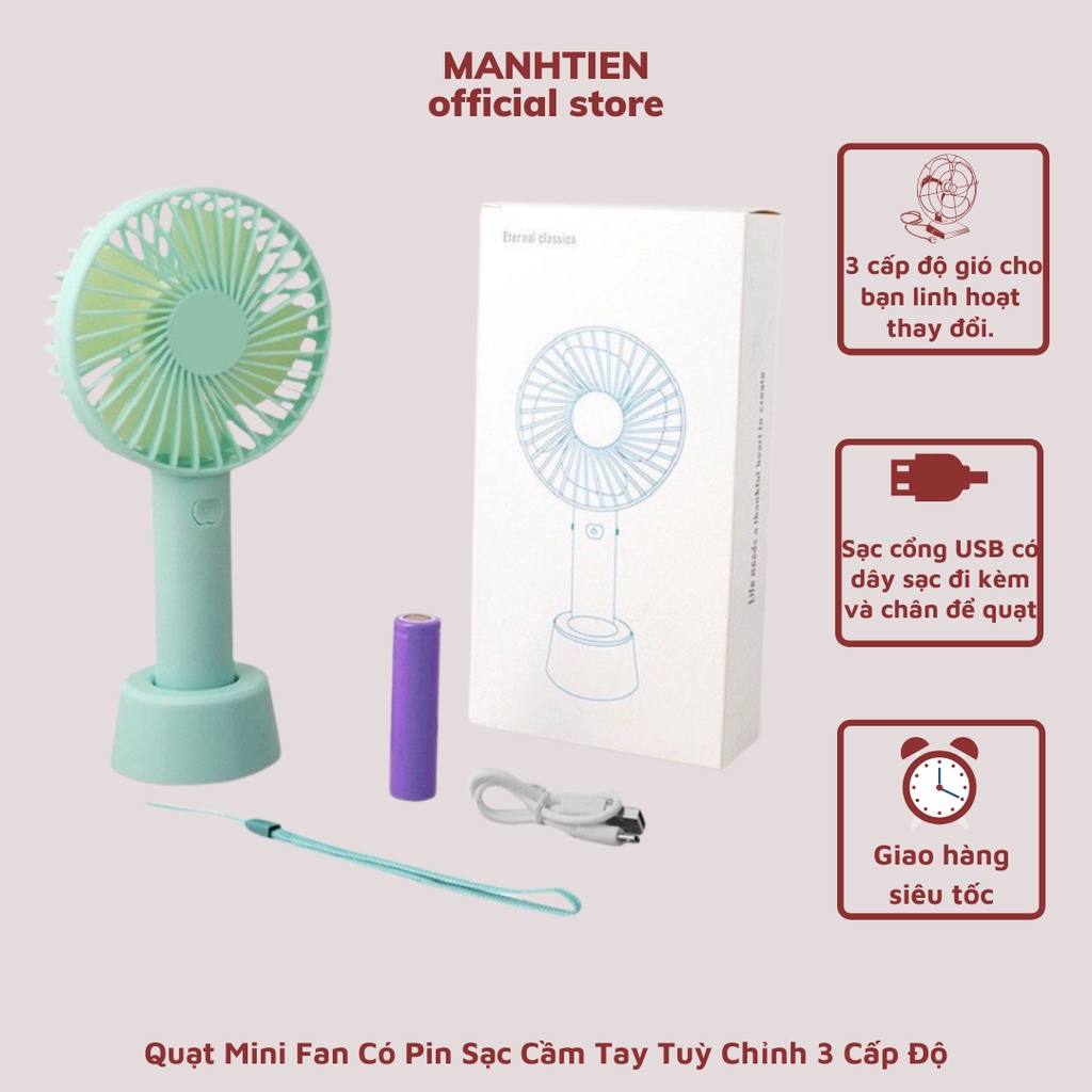 Quạt Cầm Tay Pin Sạc 4 Cánh 3 Tốc Độ Gió Có Đế Để Bàn, Quạt Để Bàn Pin Sạc USB Cao Cấp