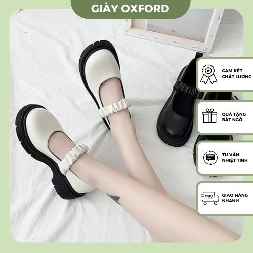Giày oxford nữ, giày búp bê quai chun bèo lolita đen trắng đế cao gót vuông mũi tròn 5cm học sinh hàng quảng châu C1008