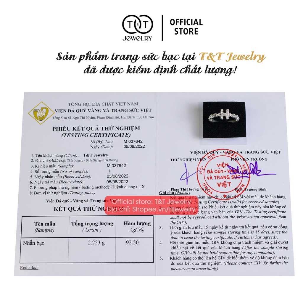 Nhẫn Bạc Nữ chữ H s925 T&amp;T Jewelry cao cấp NN027