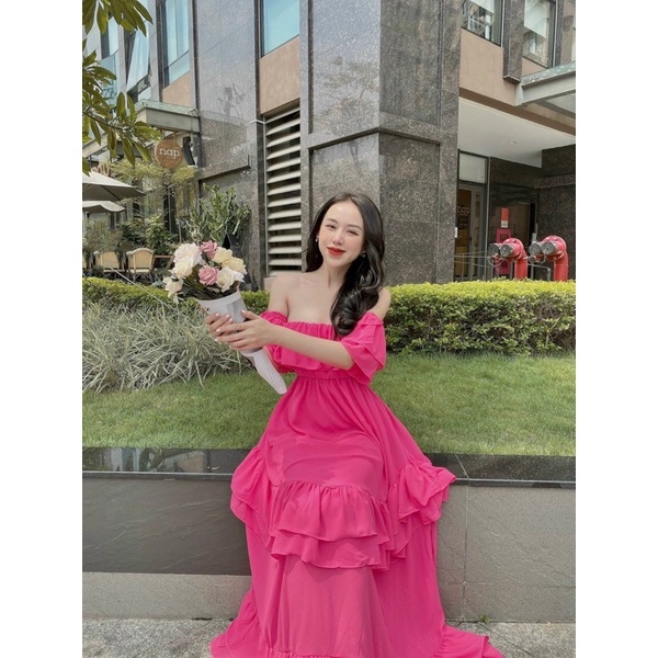 Đầm maxi hồng đi biển bèo kèm ảnh sàn
