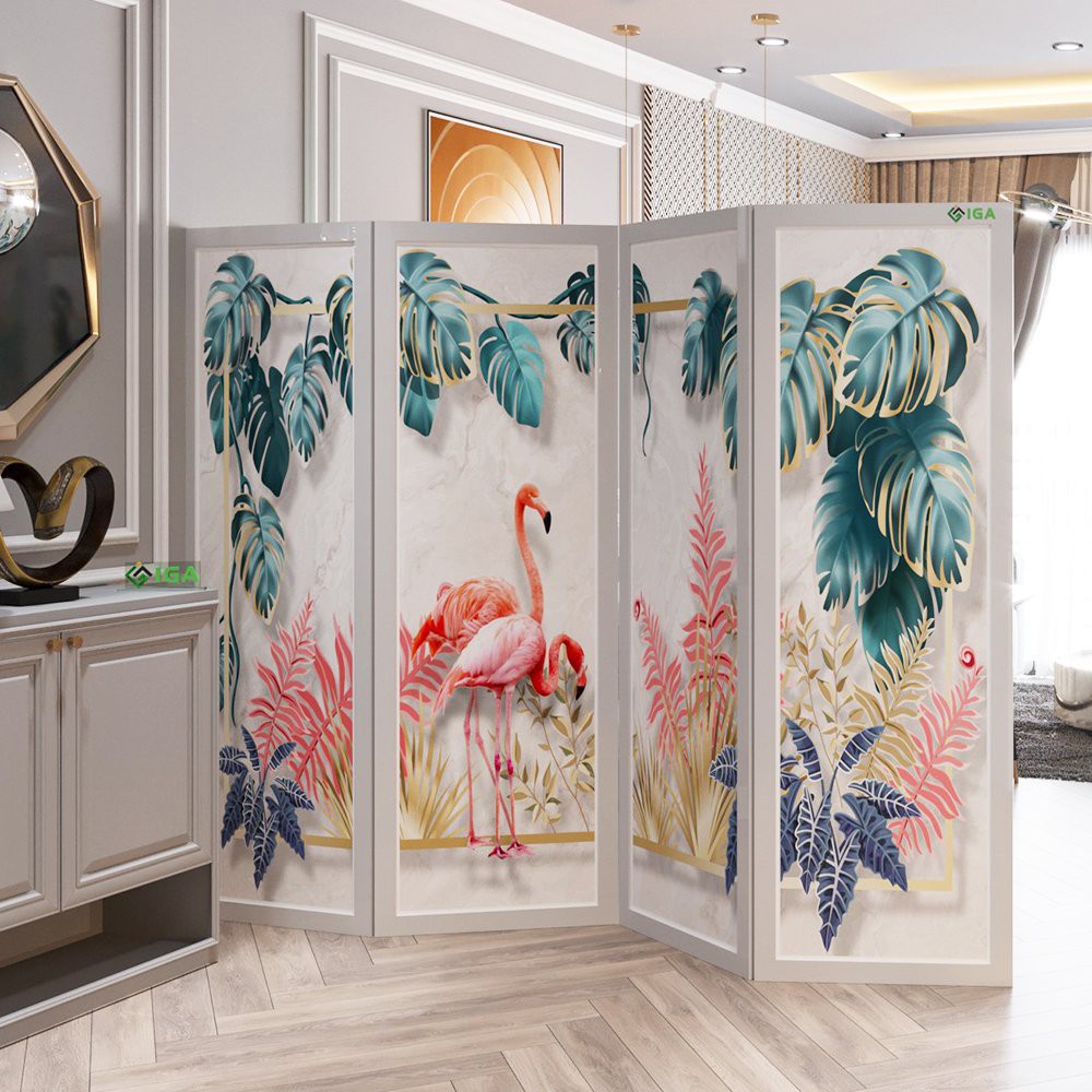 Vách ngăn bình phong gấp gọn in tranh phong cảnh bộ 4 tấm home decor phòng khách chính hãng IGA- BP.IN