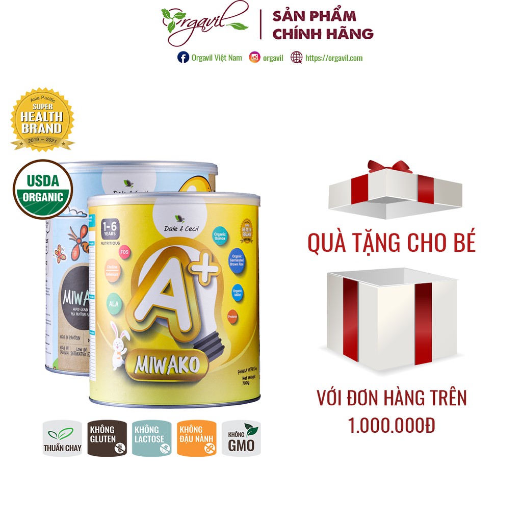 Combo 2 hộp Sữa Công Thức Hạt Hữu Cơ Miwako A+, Miwako Hộp 700g + Tặng Đồ Chơi - Ngũ Cốc Dinh Dưỡng - Orgavil