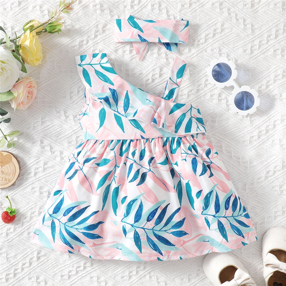 Đầm MIKRDOO chữ A in họa tiết lá kèm băng đô xinh xắn cho bé gái 0 - 24 tháng tuổi