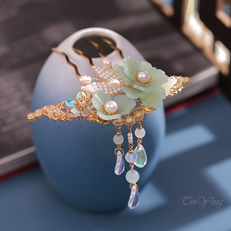 GETNOIVAS Trâm Cài Tóc Hình Hoa Đính Ngọc Trai Phối Tua Rua Phong Cách Trung Hoa Cổ Điển Cho Nữ